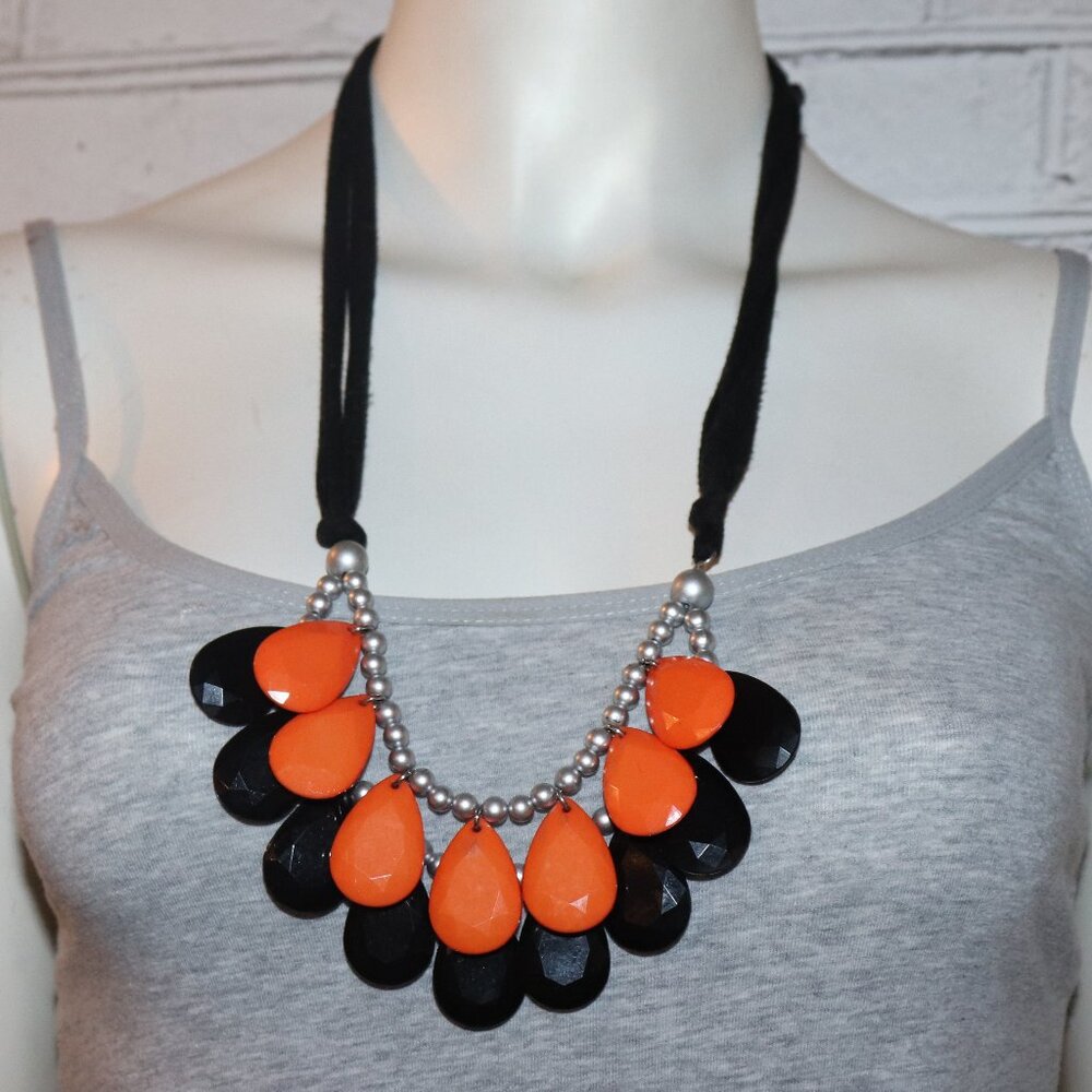 Beautiful black, silver and orange Bib style statement necklace approx 26"